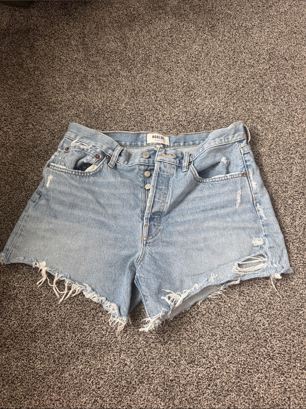 Agolde Light Blue Distressed Button-Fly Denim Shorts